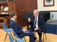 Head boy ,Matthew, interviews former transport minister Lord McLoughlin 